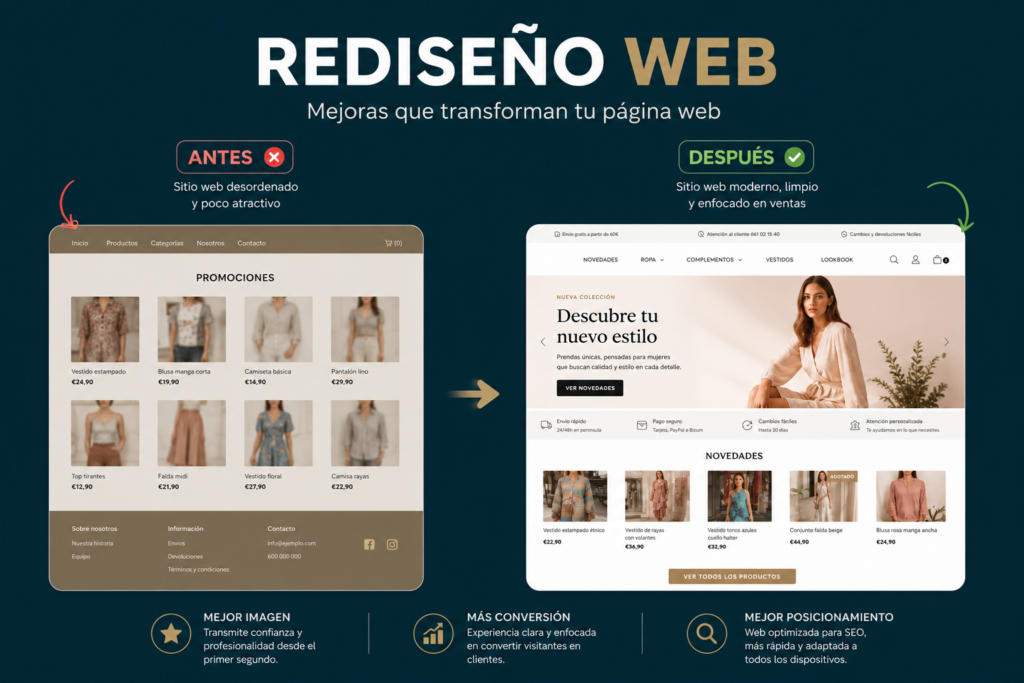 Rediseño web profesional mostrando la transformación de una página antigua a una web moderna optimizada para conversión, experiencia de usuario y posicionamiento SEO.