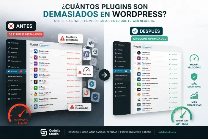 Comparativa entre una instalación de WordPress con demasiados plugins y otra optimizada para mejorar el rendimiento