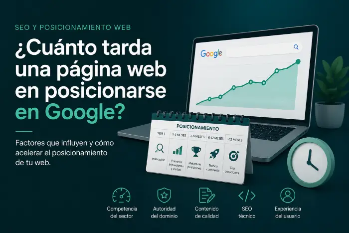 Ilustración sobre cuánto tarda una página web en posicionarse en Google y los factores que influyen en el SEO y la indexación.