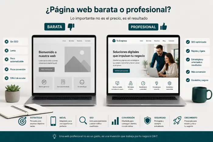 Comparativa entre una página web barata y una página web profesional optimizada para SEO, conversión y rendimiento